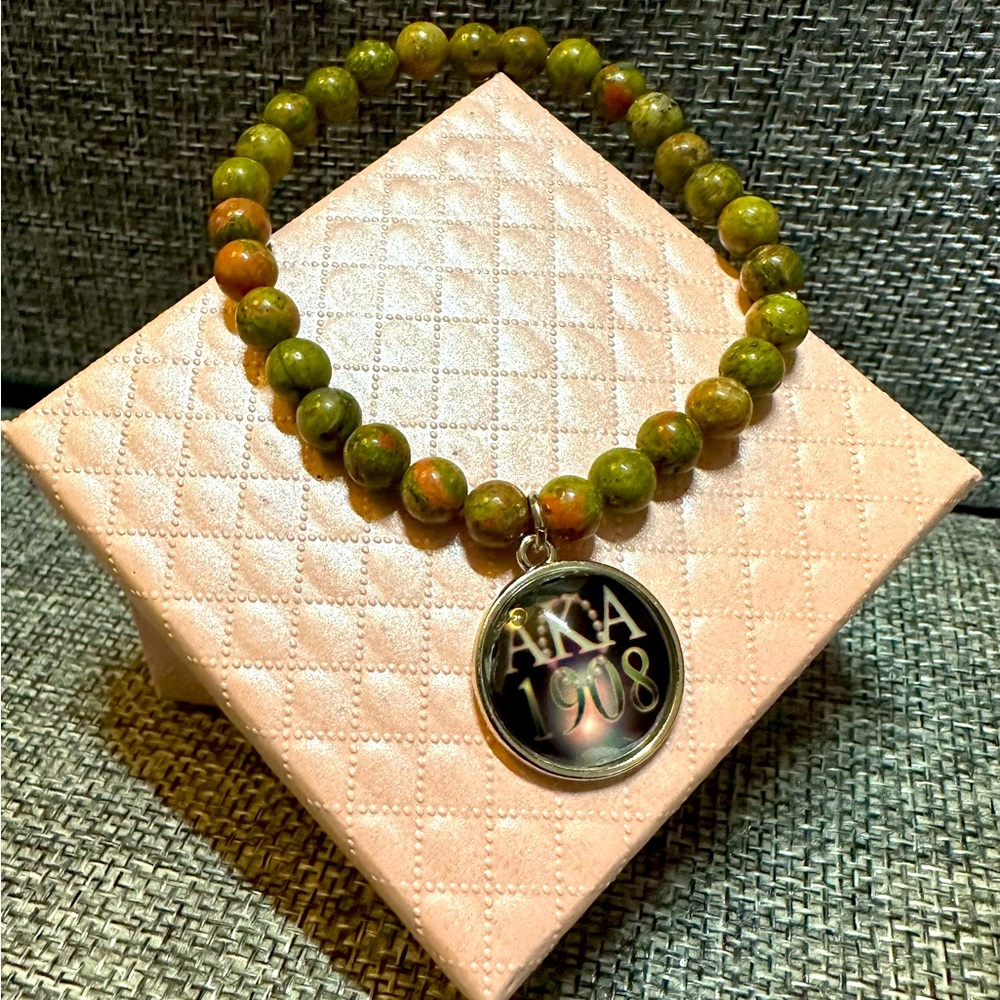 AKA 1908 Charm on Natural Unakite 6mm 7.5” Pink & Green Crystal Stretch Bracelet